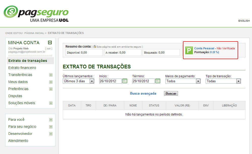 Validar Conta Pagseguro