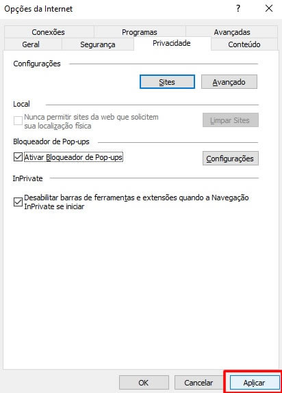 Alterando permissão de Pop-up no navegador Internet Explorer Alterando permissão de Pop-up no navegador Internet Explorer