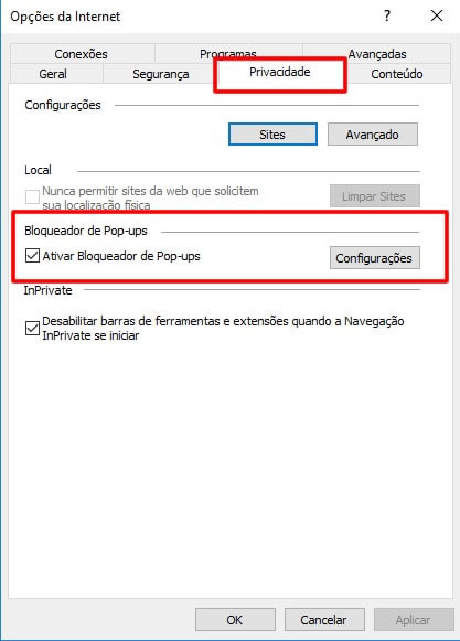 Configuração de Pop-up no navegador Internet Explorer Configuração de Pop-up no navegador Internet Explorer