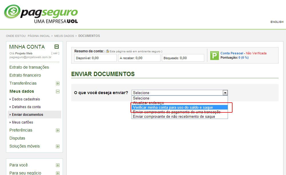 Conta no Pagseguro Conta no Pagseguro